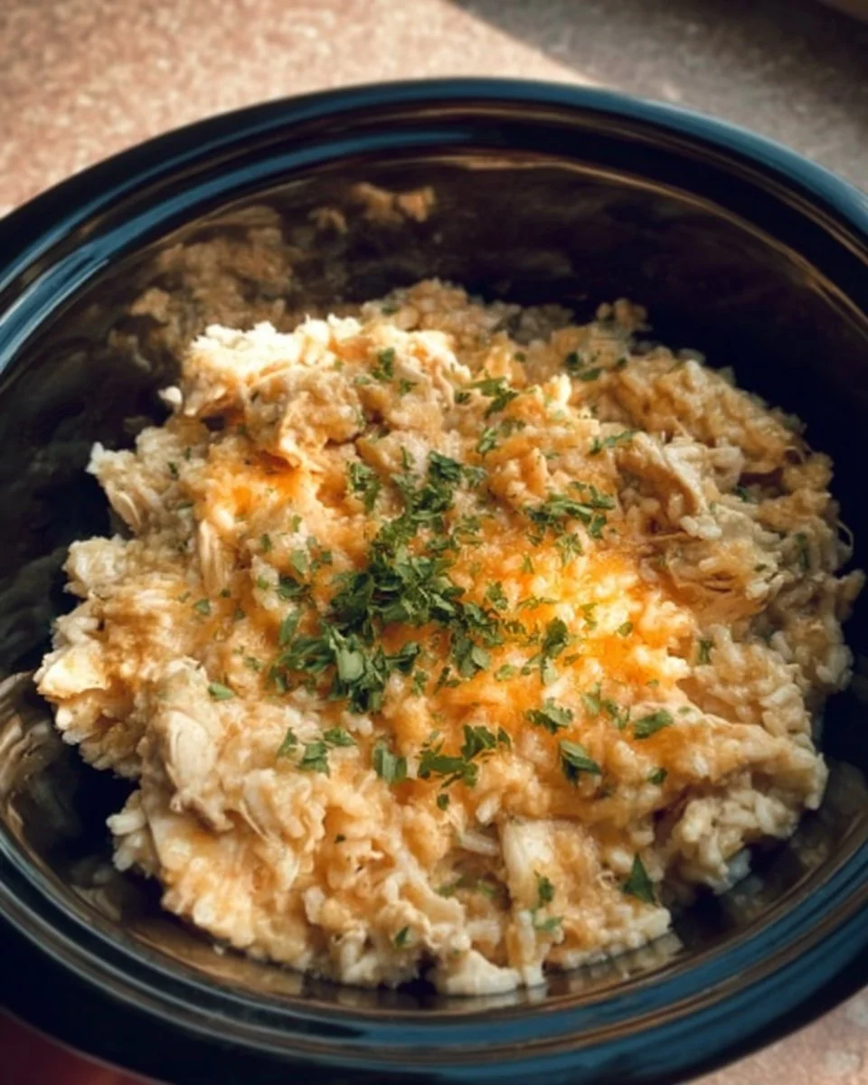 Crock Pot Chicken and Rice served in a bowl with fresh herbs