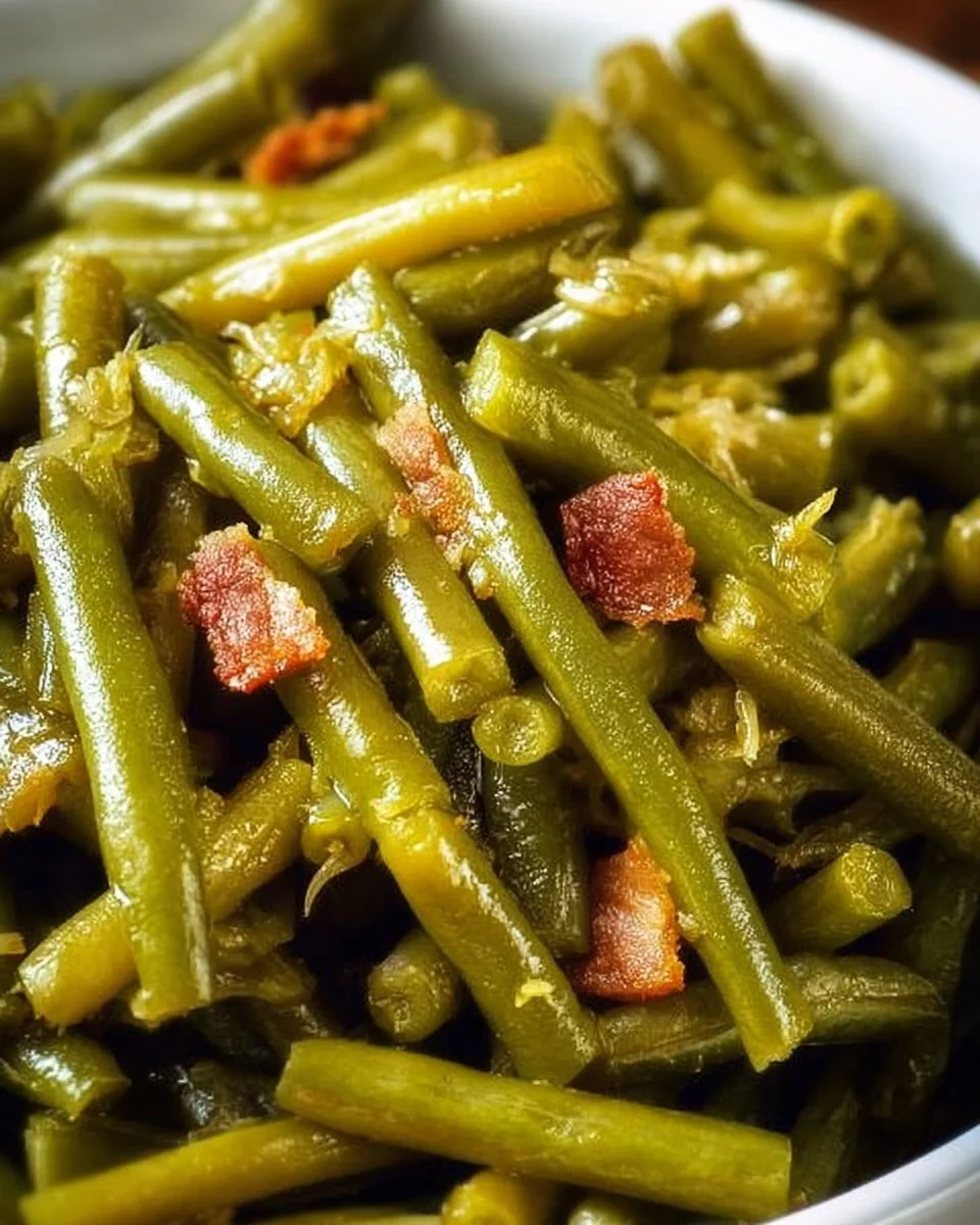 A bowl of flavorful Crock Pot green beans ready to serve.