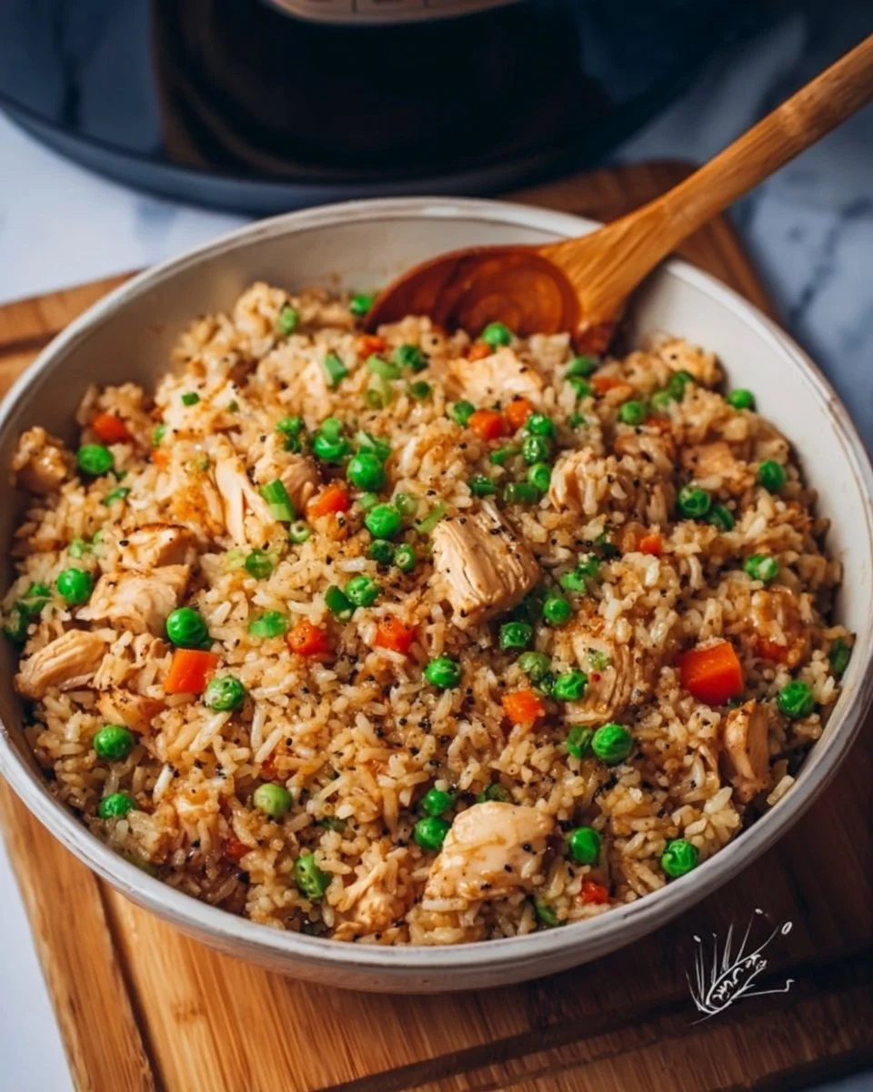 Delicious crockpot chicken fried rice served with vegetables and herbs