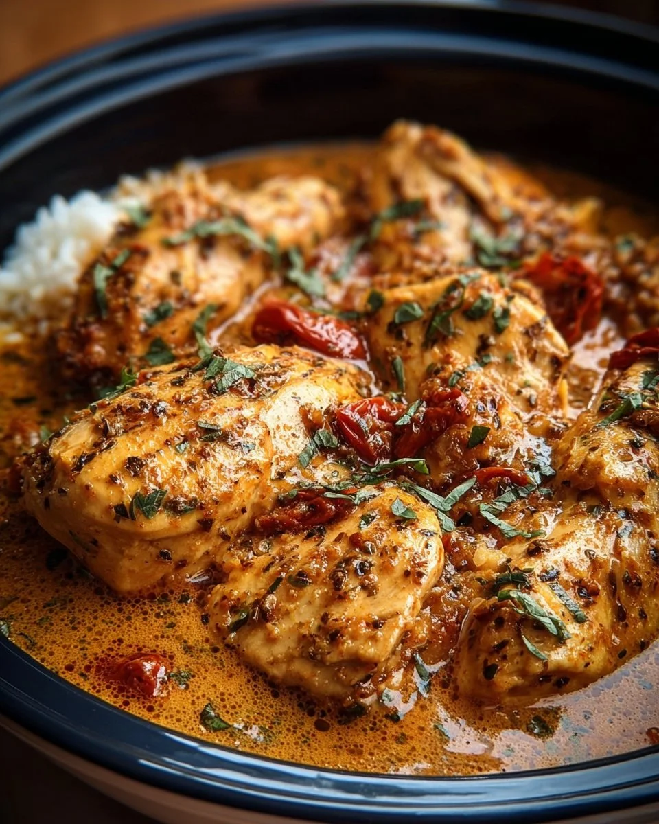 A delicious plate of Crockpot Marry Me Chicken with herbs and creamy sauce.