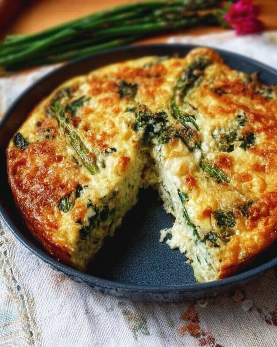 Crustless asparagus and spinach quiche served on a plate with fresh herbs