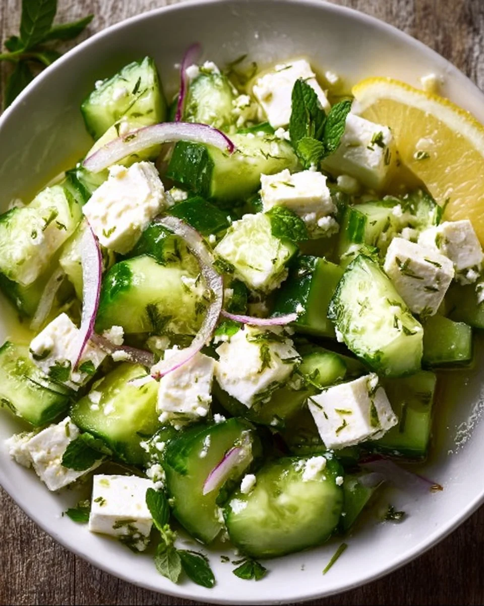 Cucumber feta salad drizzled with lemon Greek vinaigrette in a bowl.
