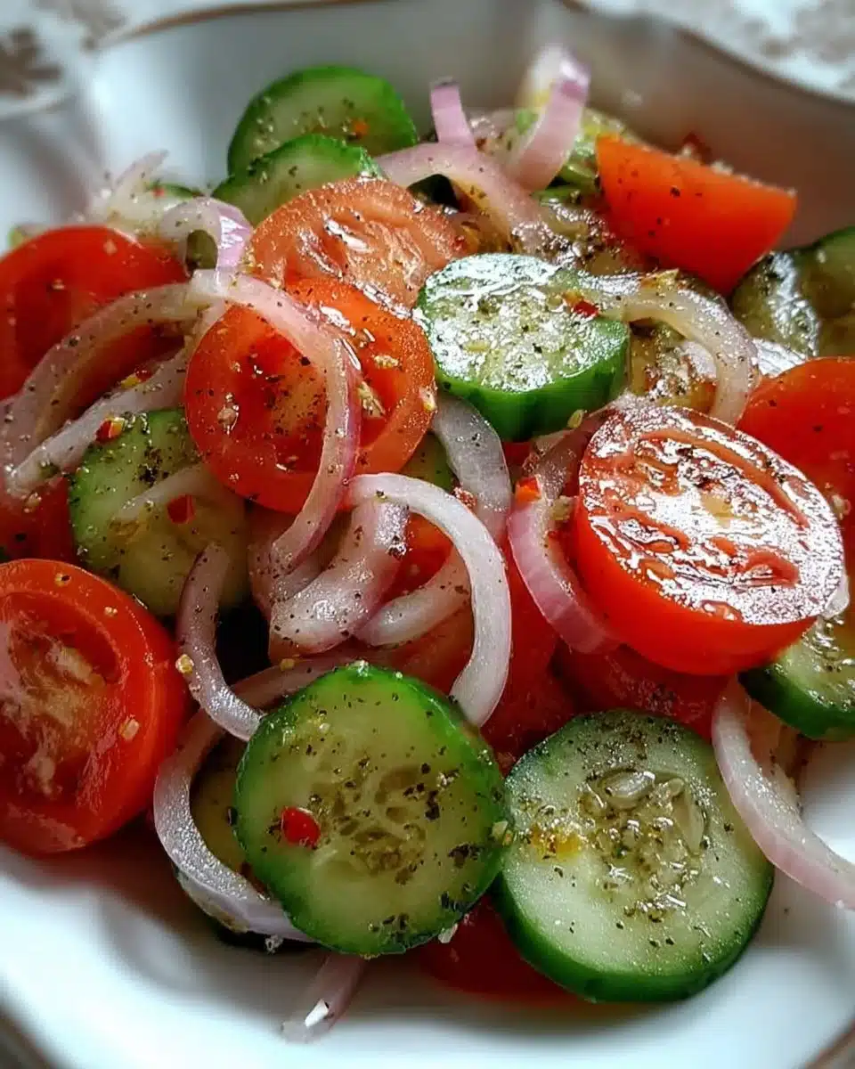 Fresh Cucumber Tomato Salad with onions served in a bowl.