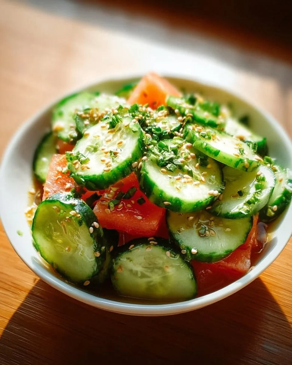 Fresh cucumber salad with herbs and dressing in a bowl