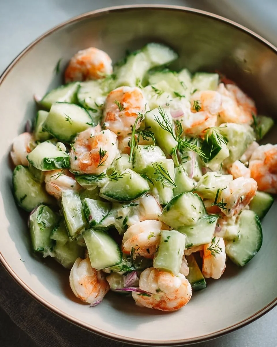 Delicious Cucumber Shrimp Salad with fresh ingredients served in a bowl.