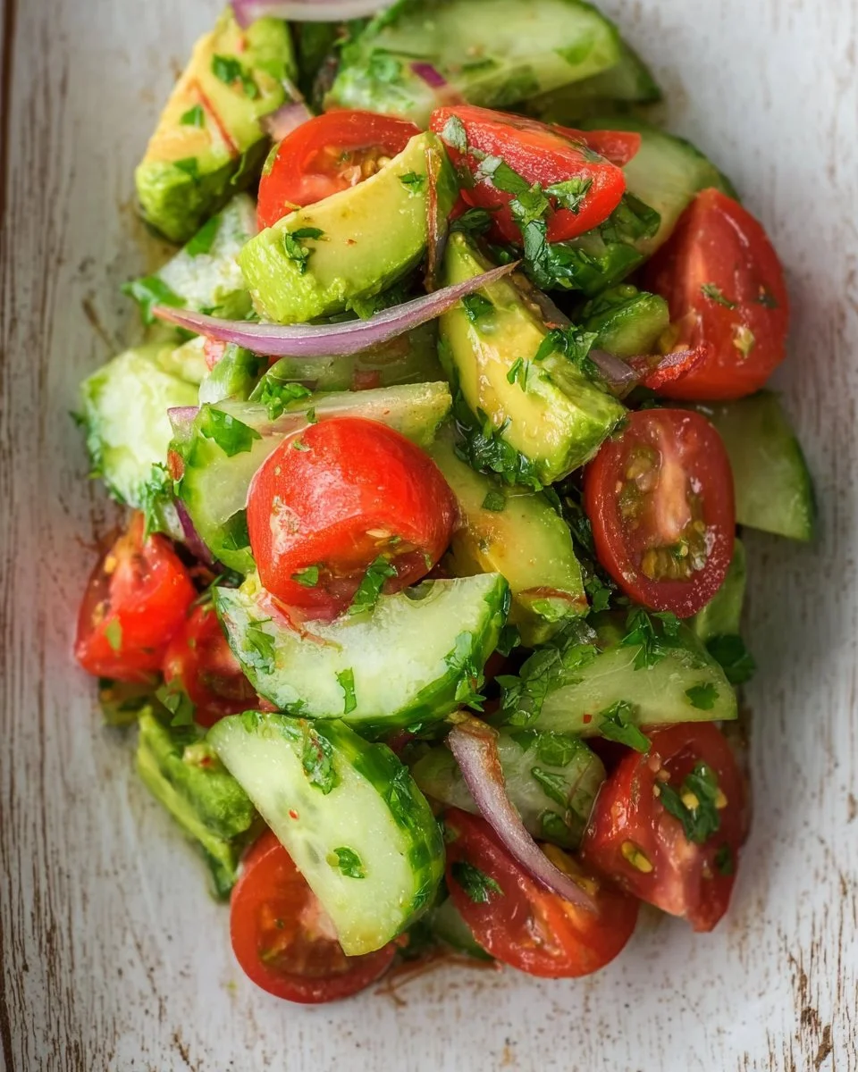 Fresh Cucumber Tomato Avocado Salad with vibrant vegetables and creamy dressing