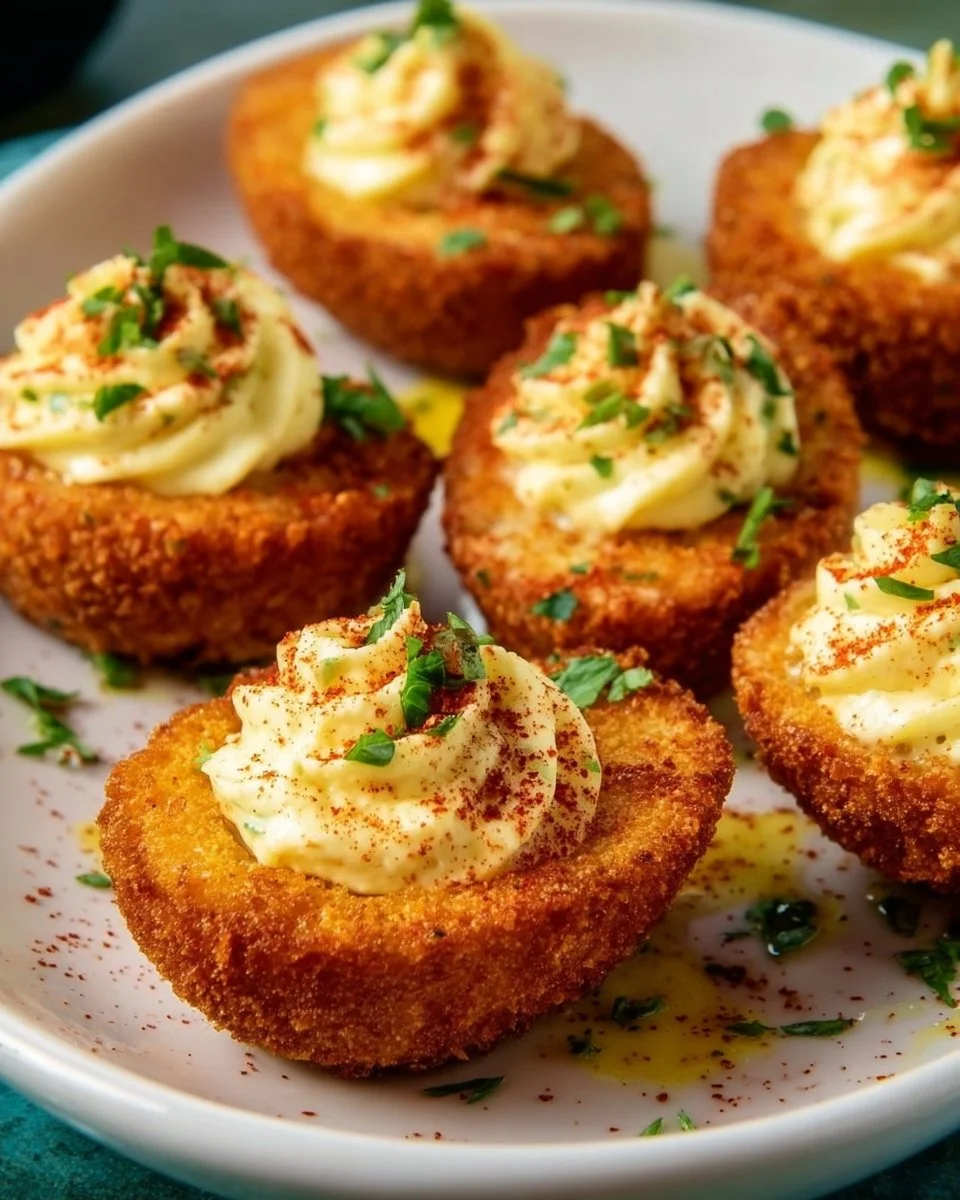 Deep-fried deviled eggs garnished with toppings on a plate