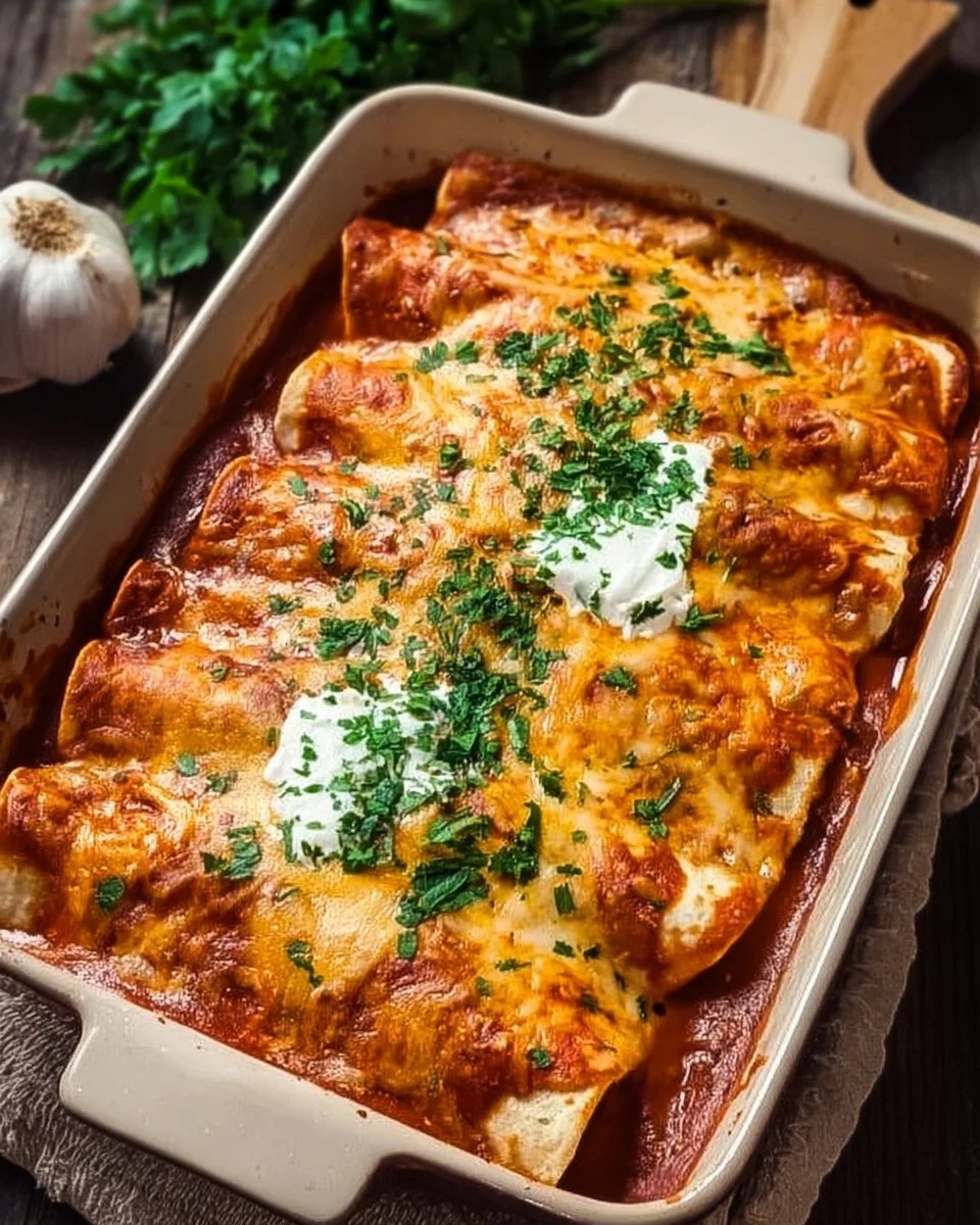 Plate of delicious chicken enchiladas garnished with cilantro and cheese