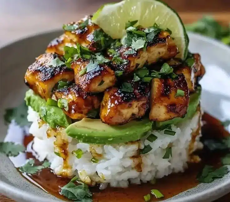 Honey Lime Chicken with Avocado Rice Stack on a plate