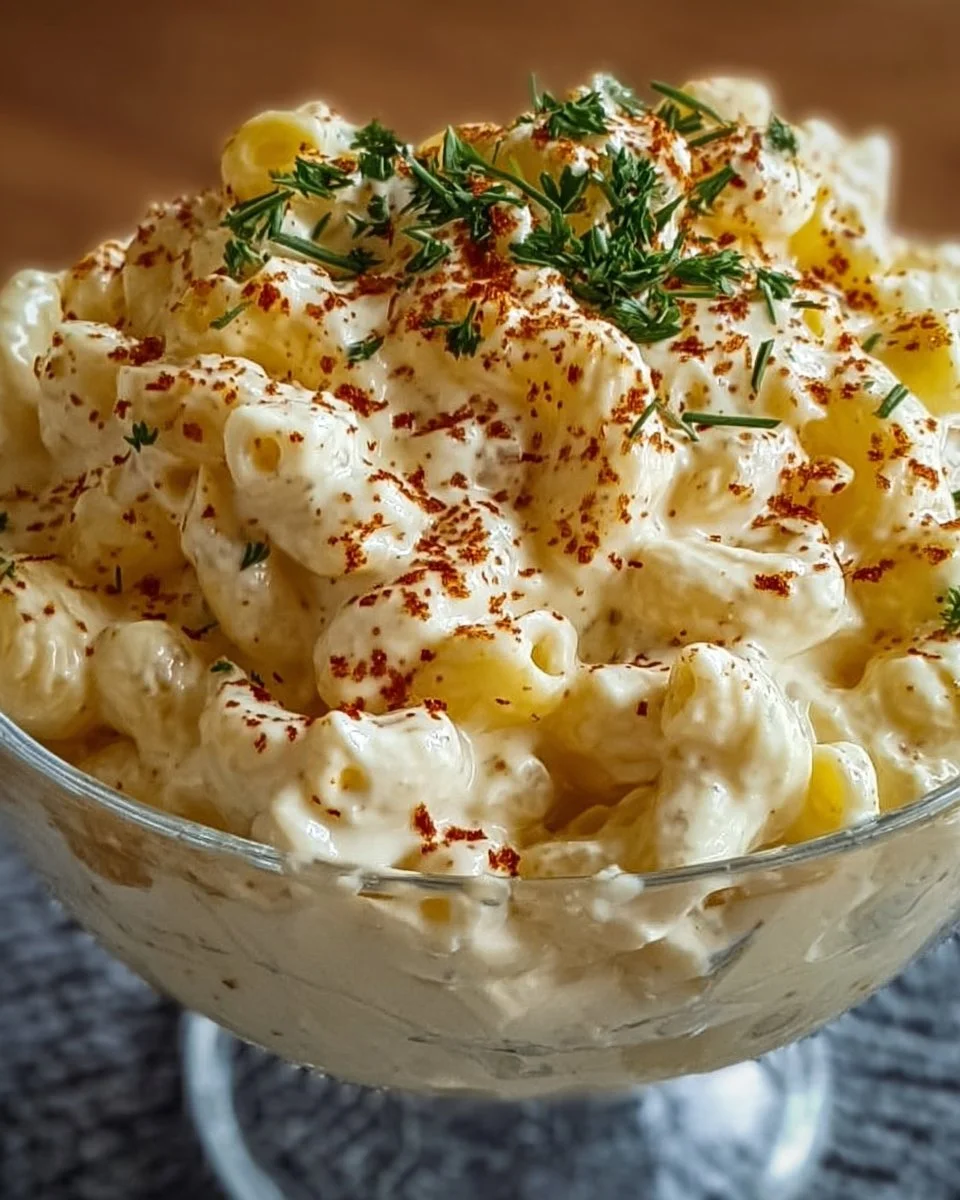 Deviled egg macaroni salad in a bowl, garnished with herbs.