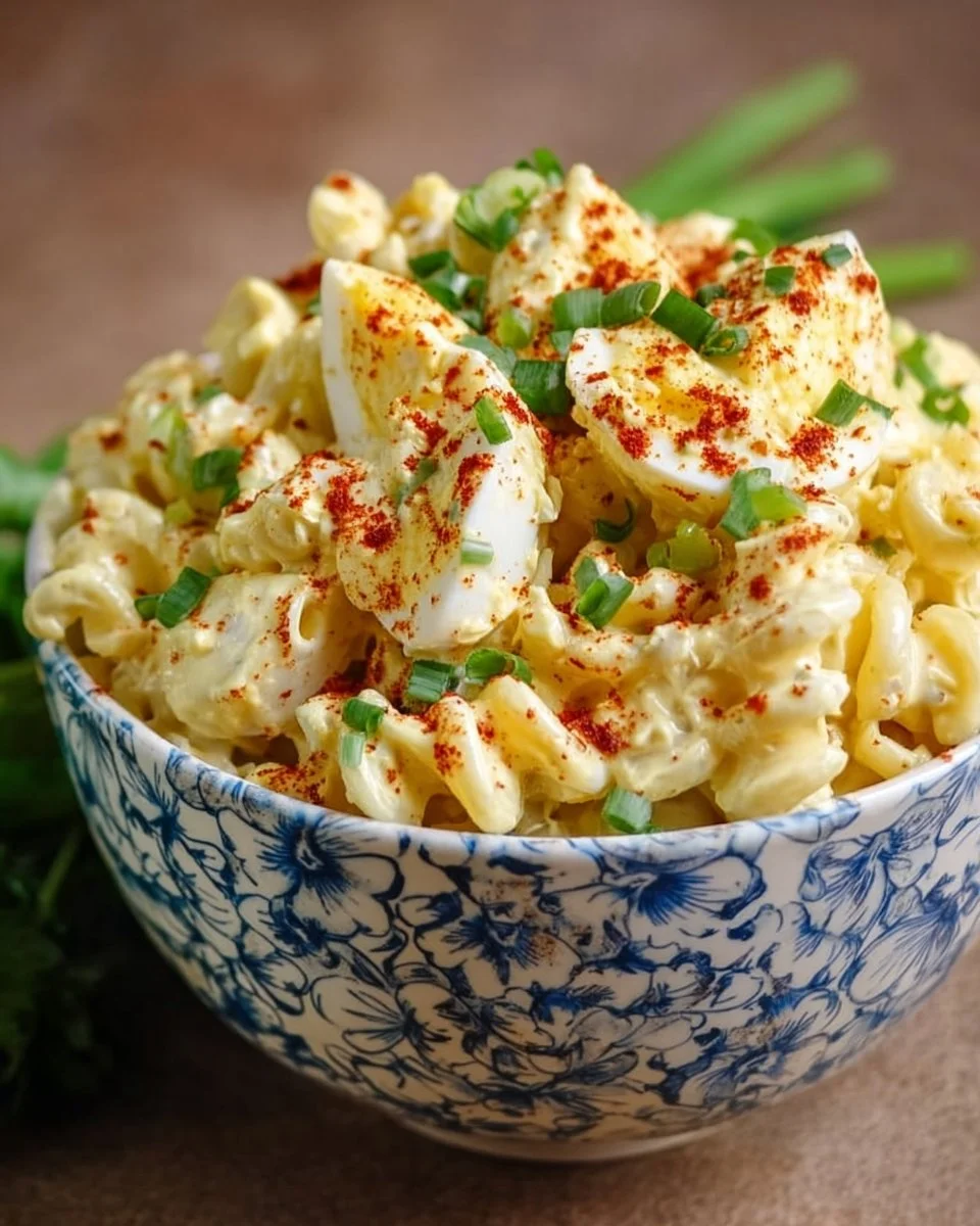 Delicious Deviled Egg Pasta Salad in a colorful bowl, perfect for picnics.