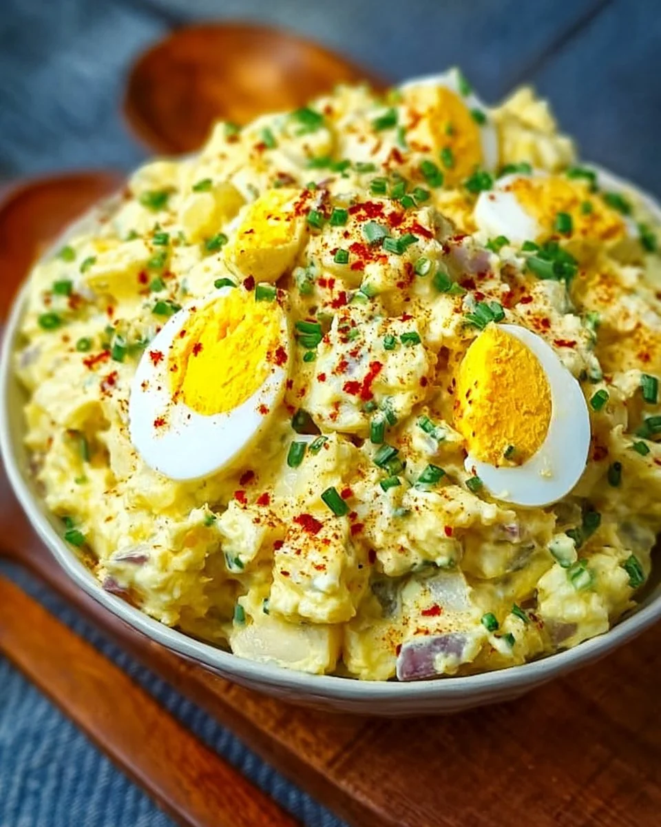 Creamy Deviled Egg Potato Salad served in a bowl