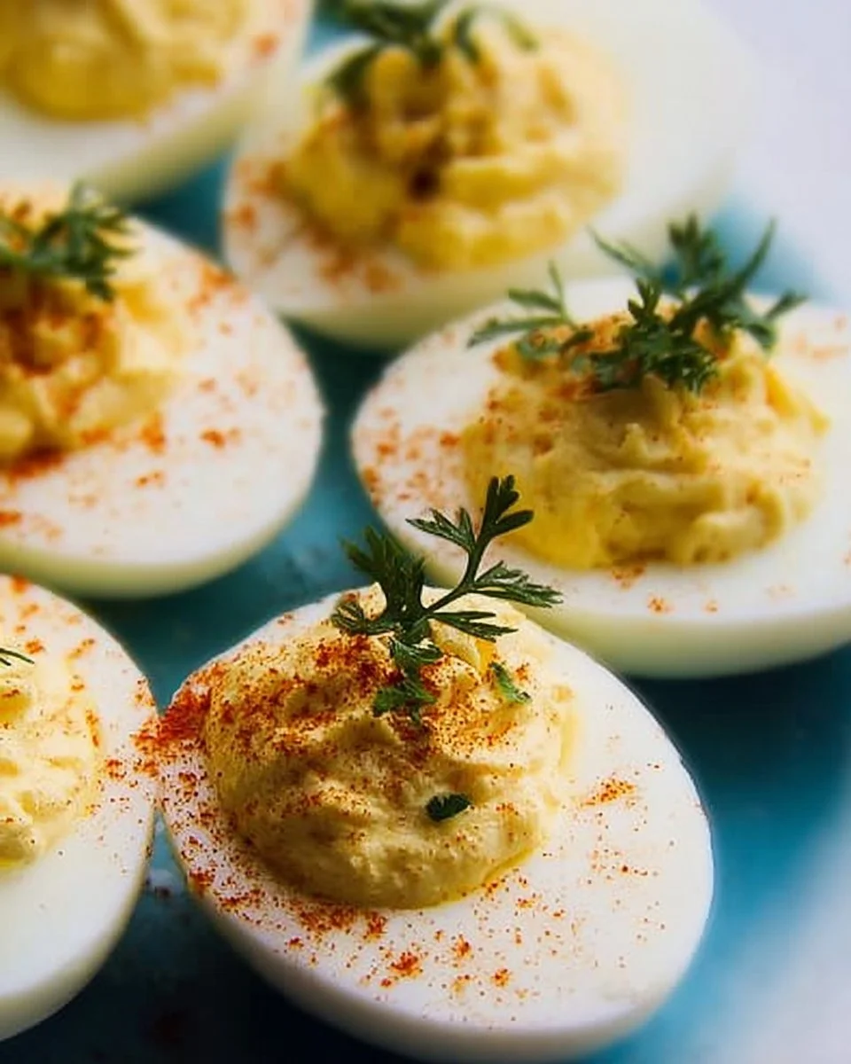 Delicious homemade Deviled Eggs with creamy filling and paprika garnish
