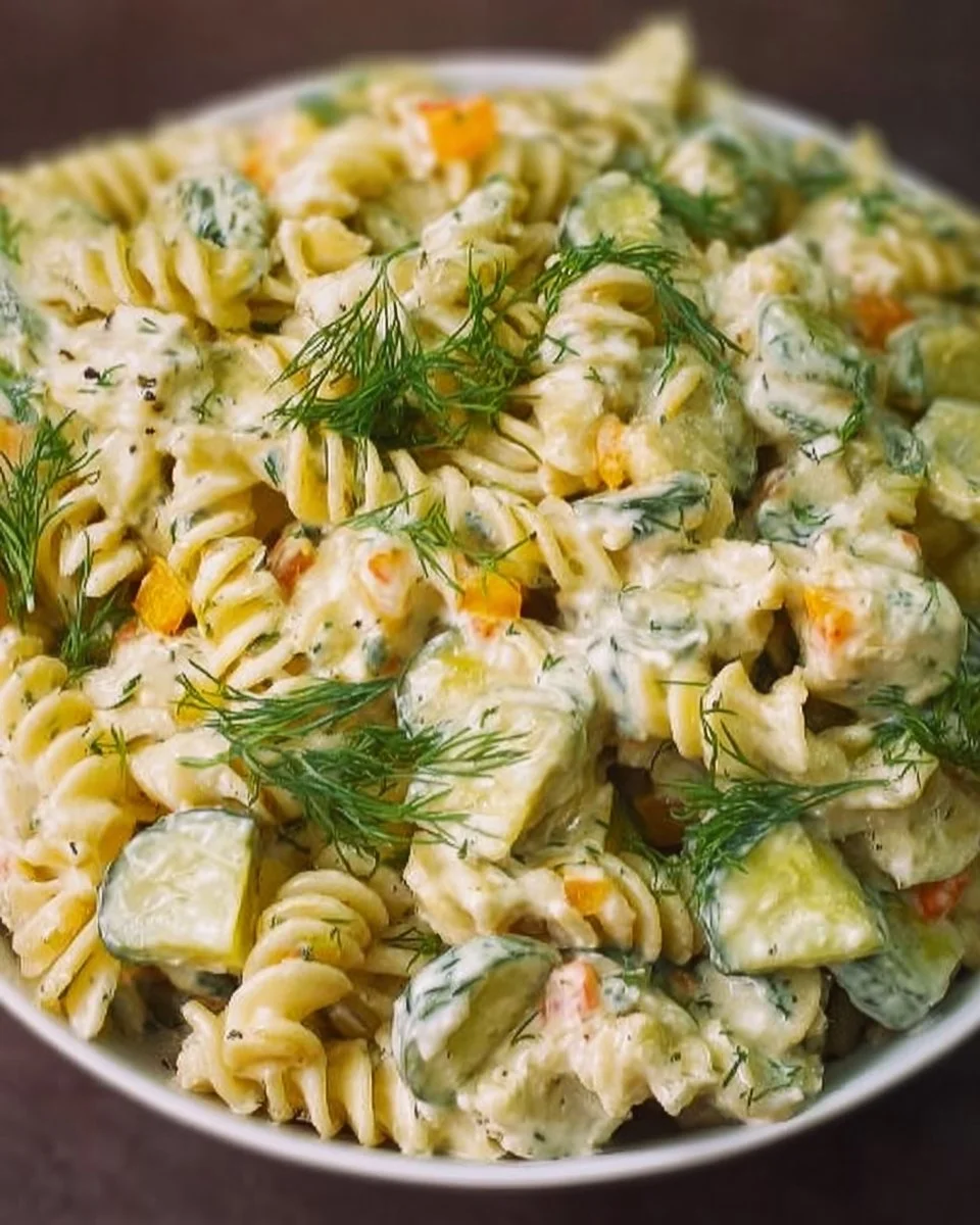 Bowl of Dill Pickle Pasta Salad with dill and cucumbers garnish