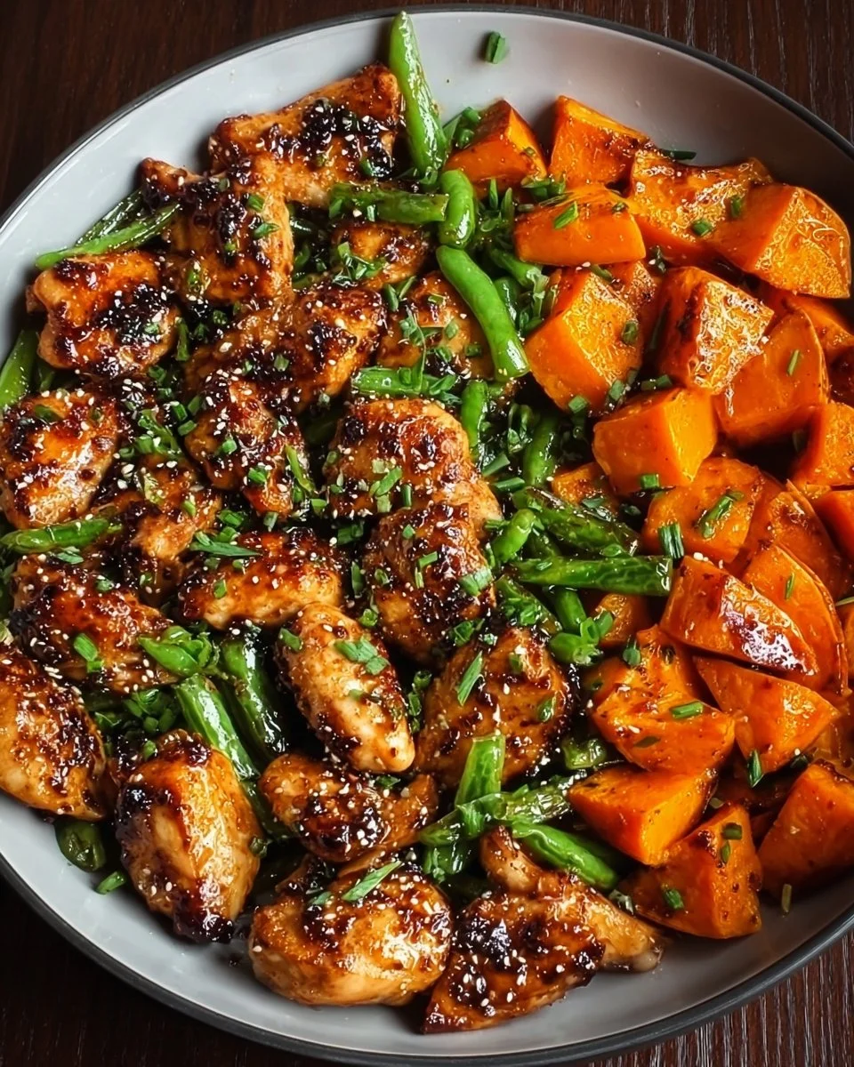 Plate of honey garlic chicken served with sweet potatoes