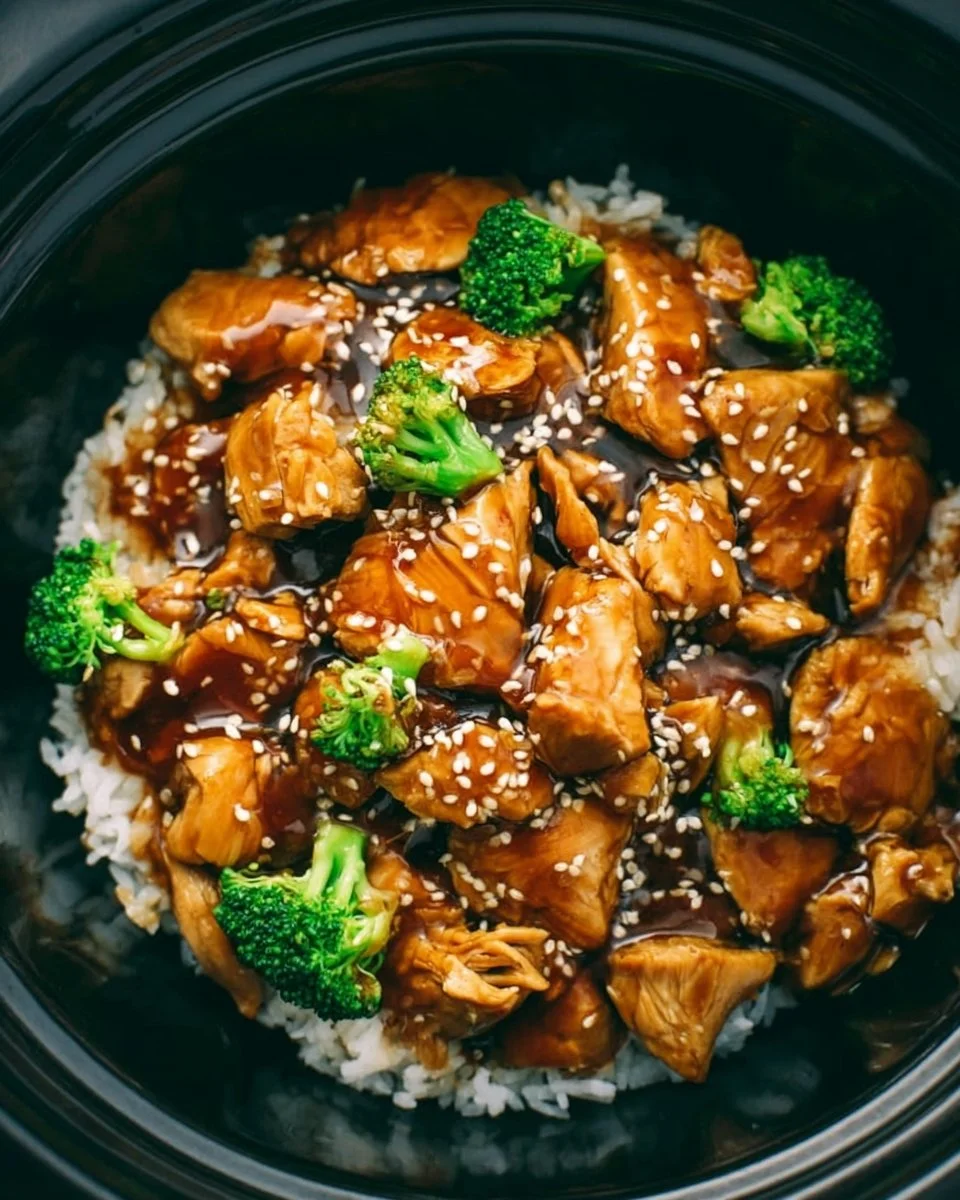 Delicious crockpot teriyaki chicken served with rice and vegetables