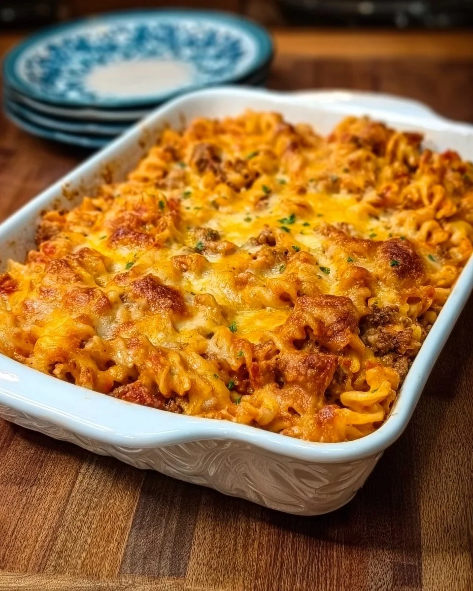 Delicious and easy cheeseburger pasta dinner casserole with cheese and ground beef