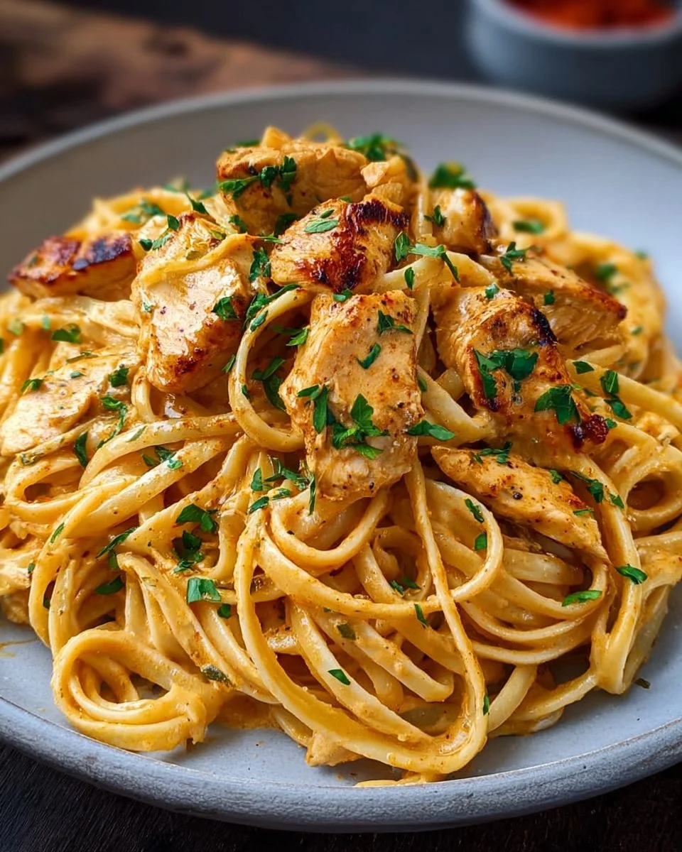 Plate of easy cowboy butter chicken linguine topped with herbs and spices.