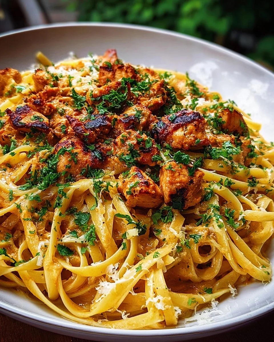 Plate of easy cowboy butter chicken linguine topped with herbs and spices.