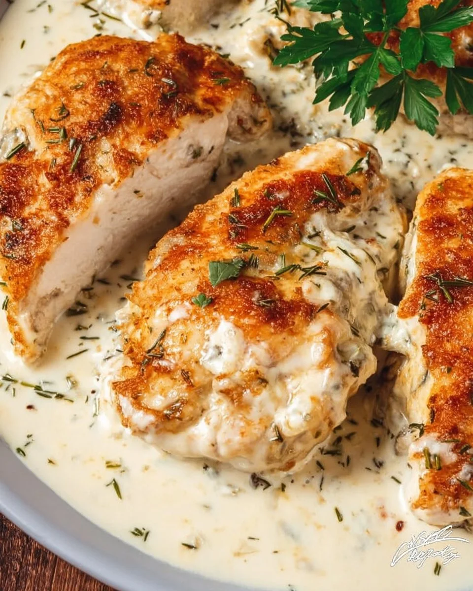 Delicious easy cream cheese chicken served on a plate with herbs