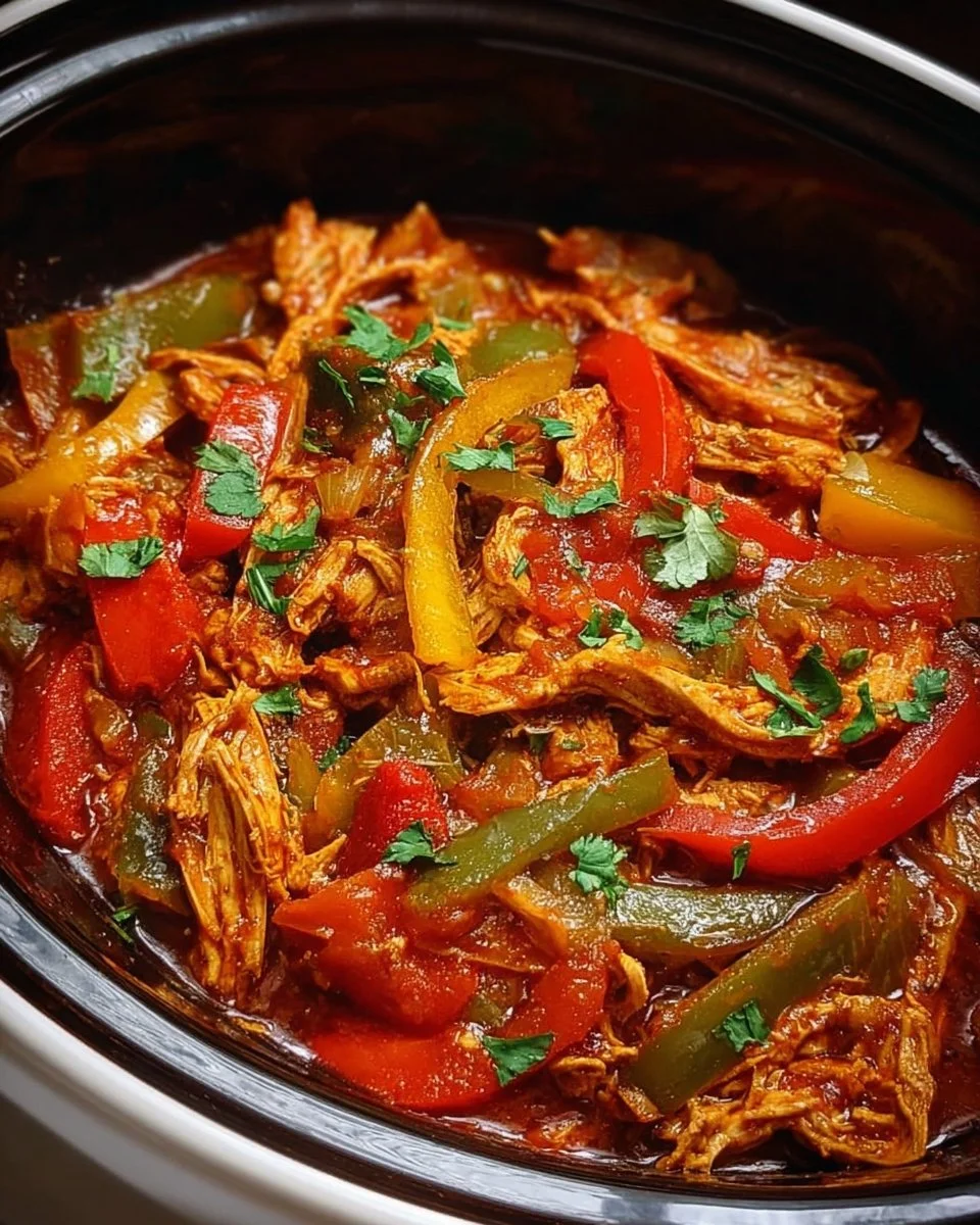 Delicious easy crockpot chicken fajitas with peppers and spices in a serving dish.