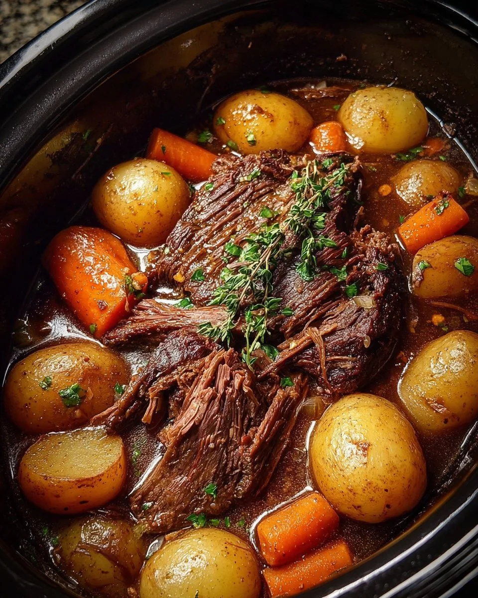 Delicious easy Crockpot Chuck Roast prepared with vegetables and spices.