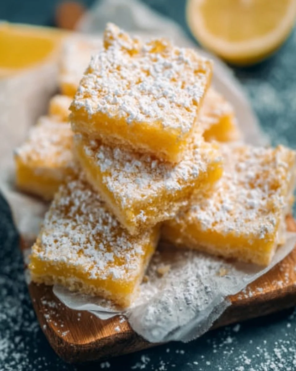 Delicious plate of easy lemon squares with powdered sugar on top
