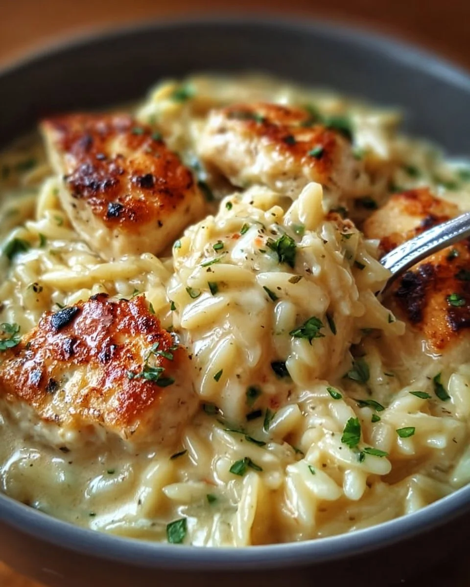 Easy Marry Me Chicken Orzo dish plated with herbs and creamy sauce.