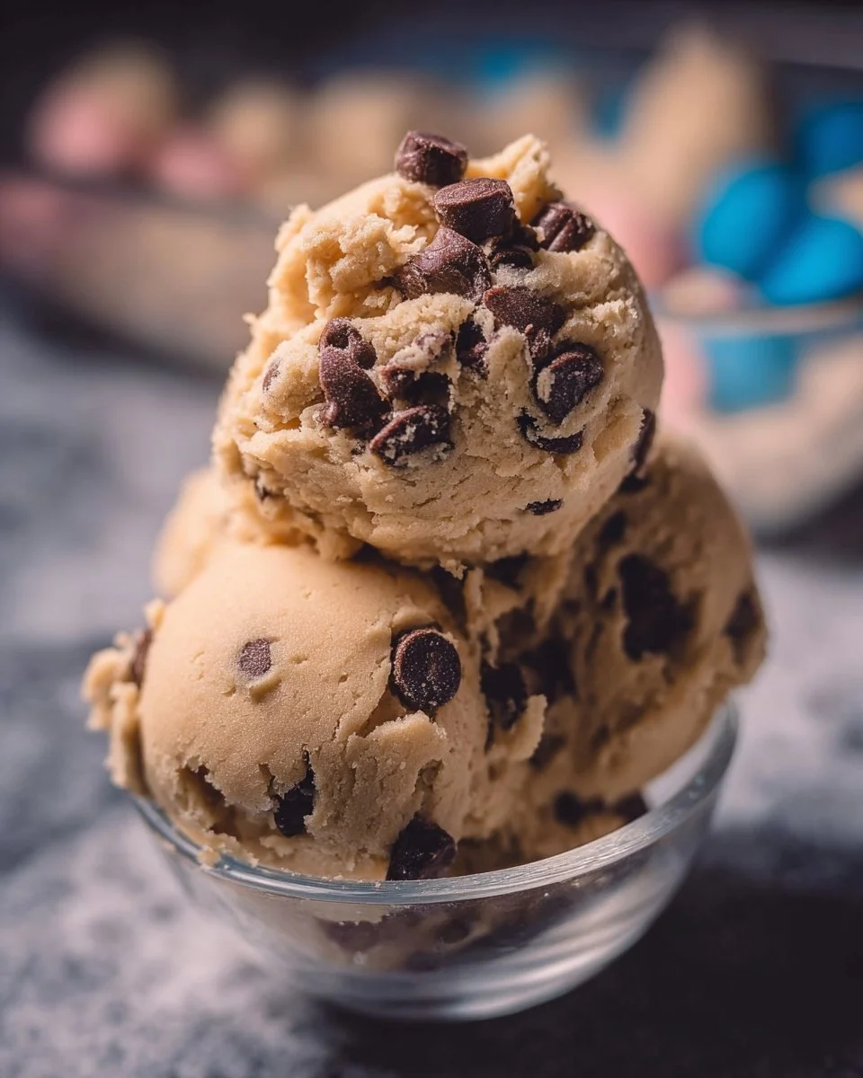 Bowl of edible chocolate chip cookie dough with chocolate chips sprinkled on top