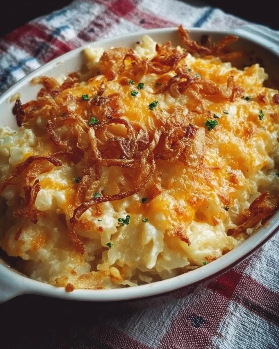 Baked French Onion Funeral Potatoes casserole topped with crispy onions.