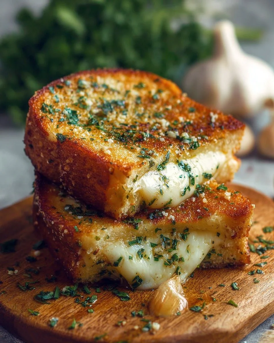 Melted garlic bread grilled cheese sandwich with crispy crust