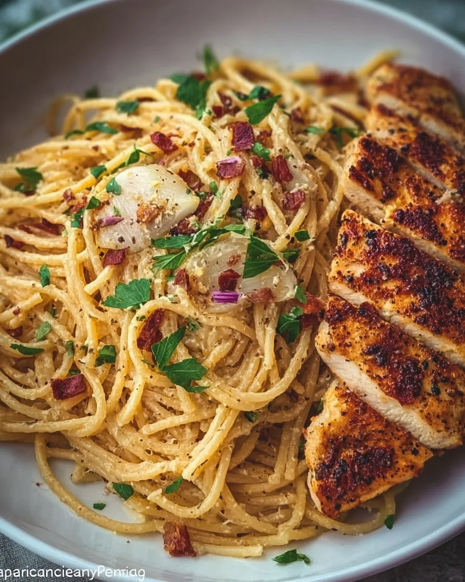 Bowl of Garlic Butter Chicken Pasta garnished with herbs