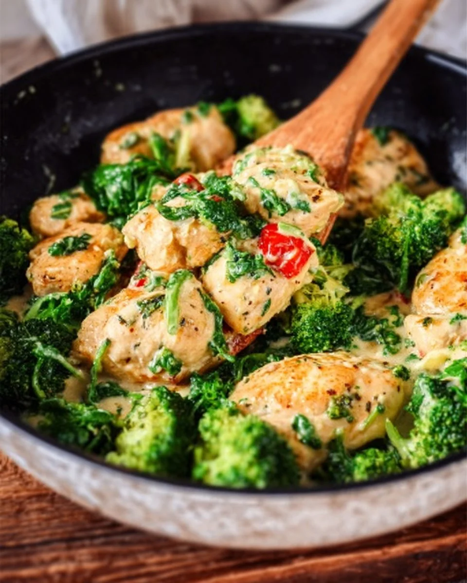 Delicious Garlic Chicken with Broccoli and Spinach served on a plate