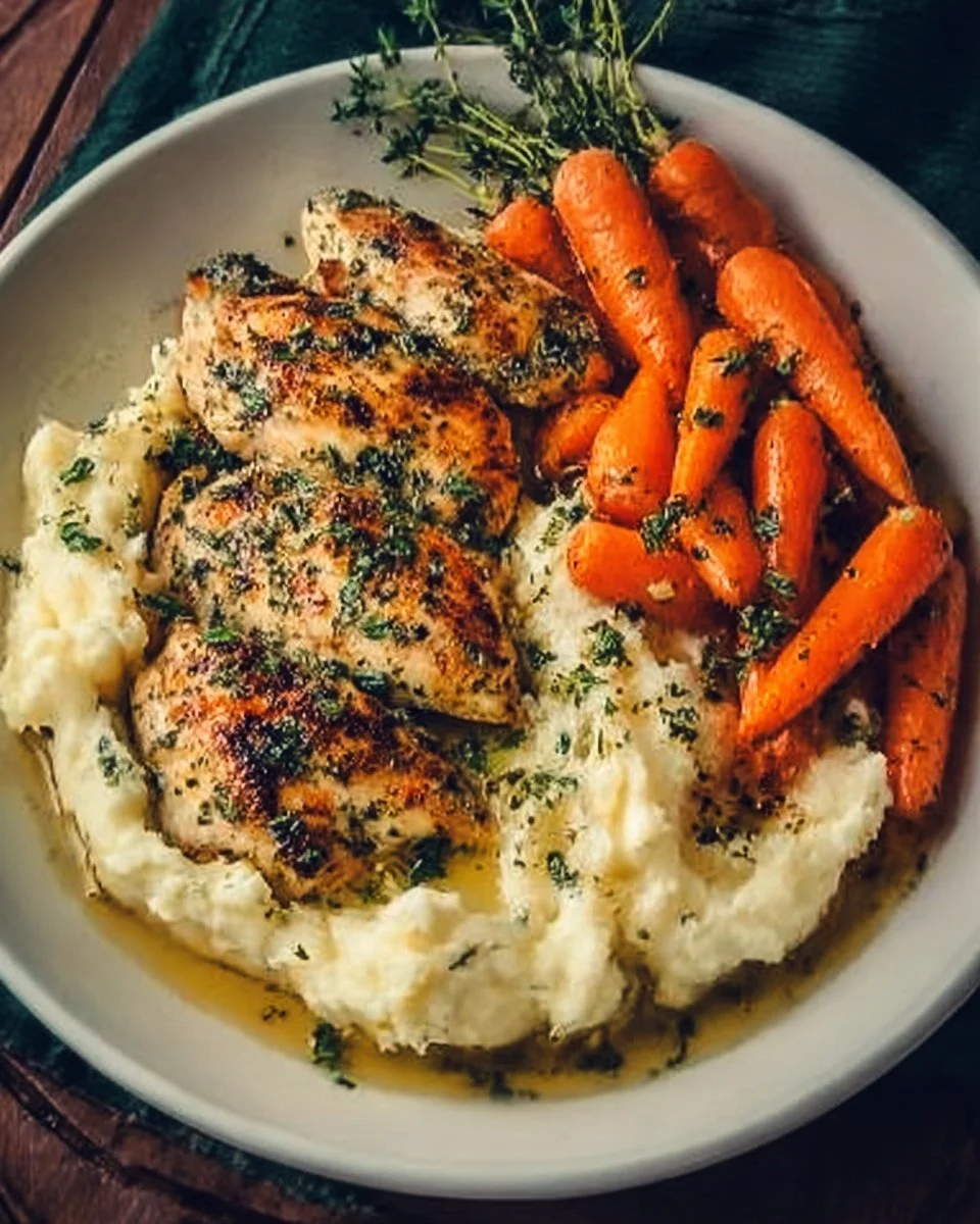 Delicious Garlic Herb Chicken served with creamy mashed potatoes and glazed carrots