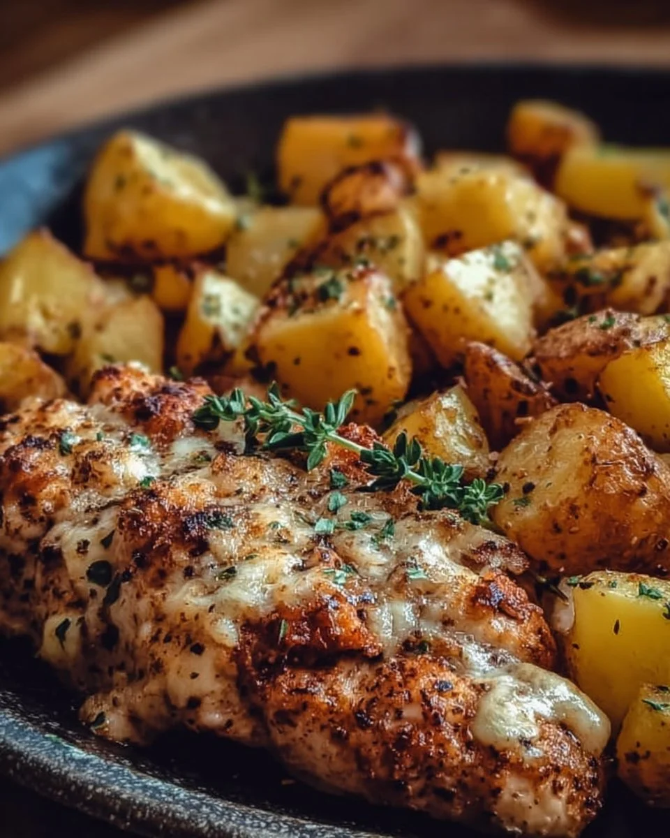 Delicious Garlic Parmesan Chicken with roasted potatoes on a plate