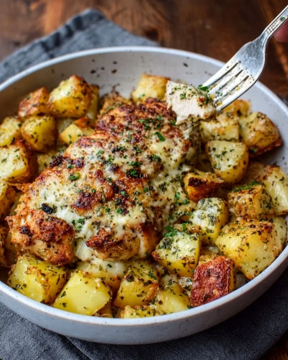 One-pan Garlic Parmesan Chicken with roasted potatoes ready to serve