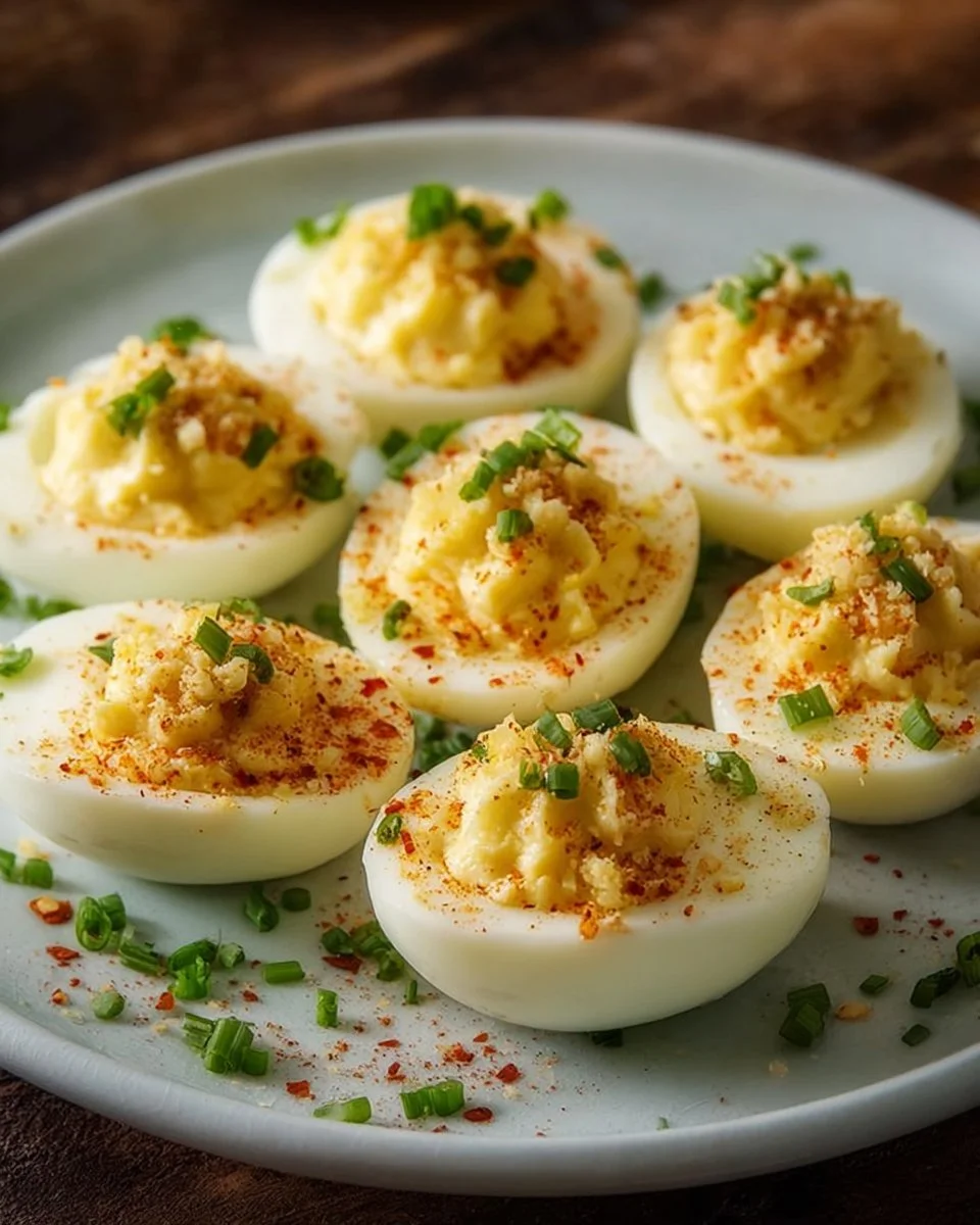 Delicious Garlic Parmesan Deviled Eggs garnished with herbs