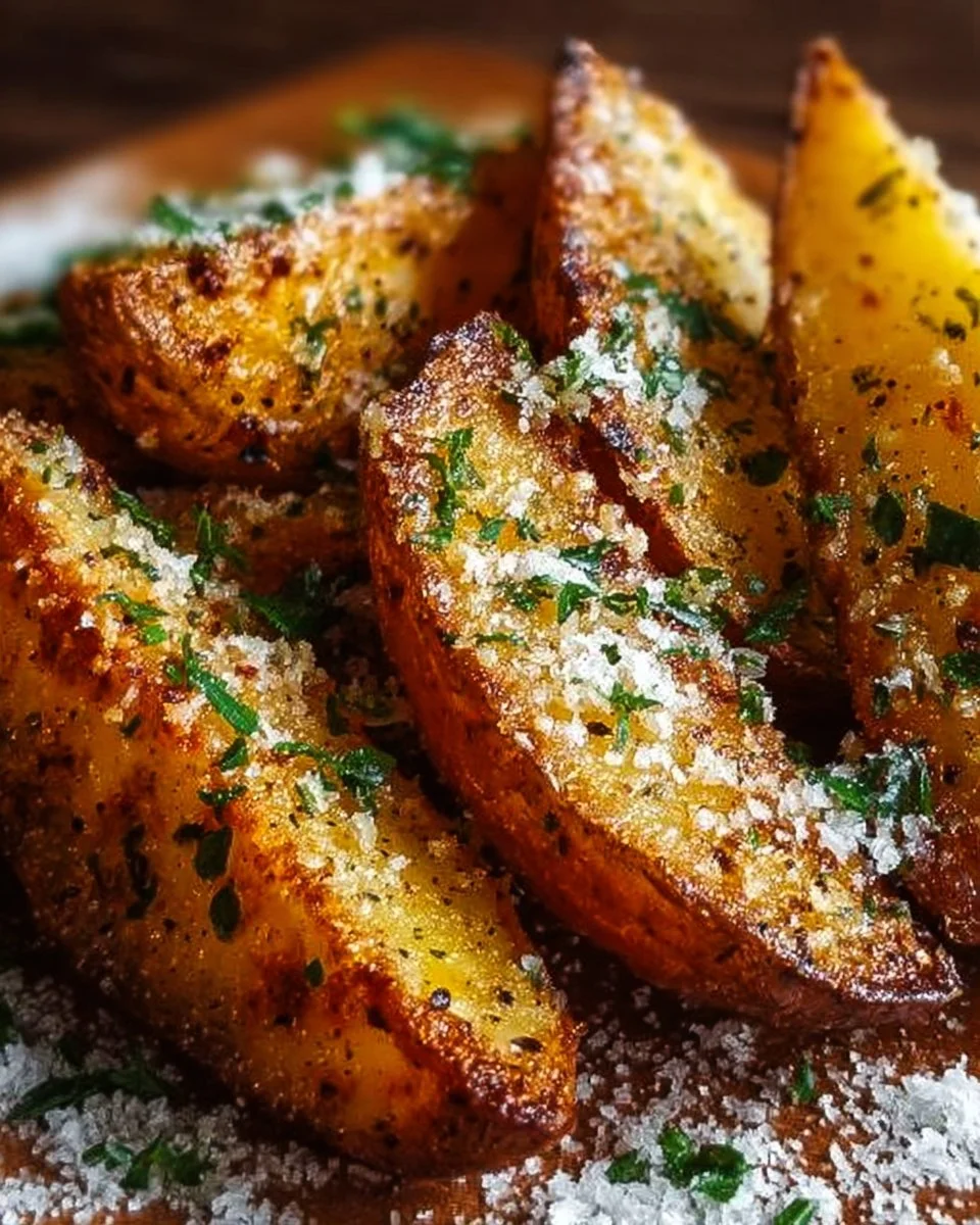 Crispy Garlic Parmesan Potato Wedges served on a plate with herbs