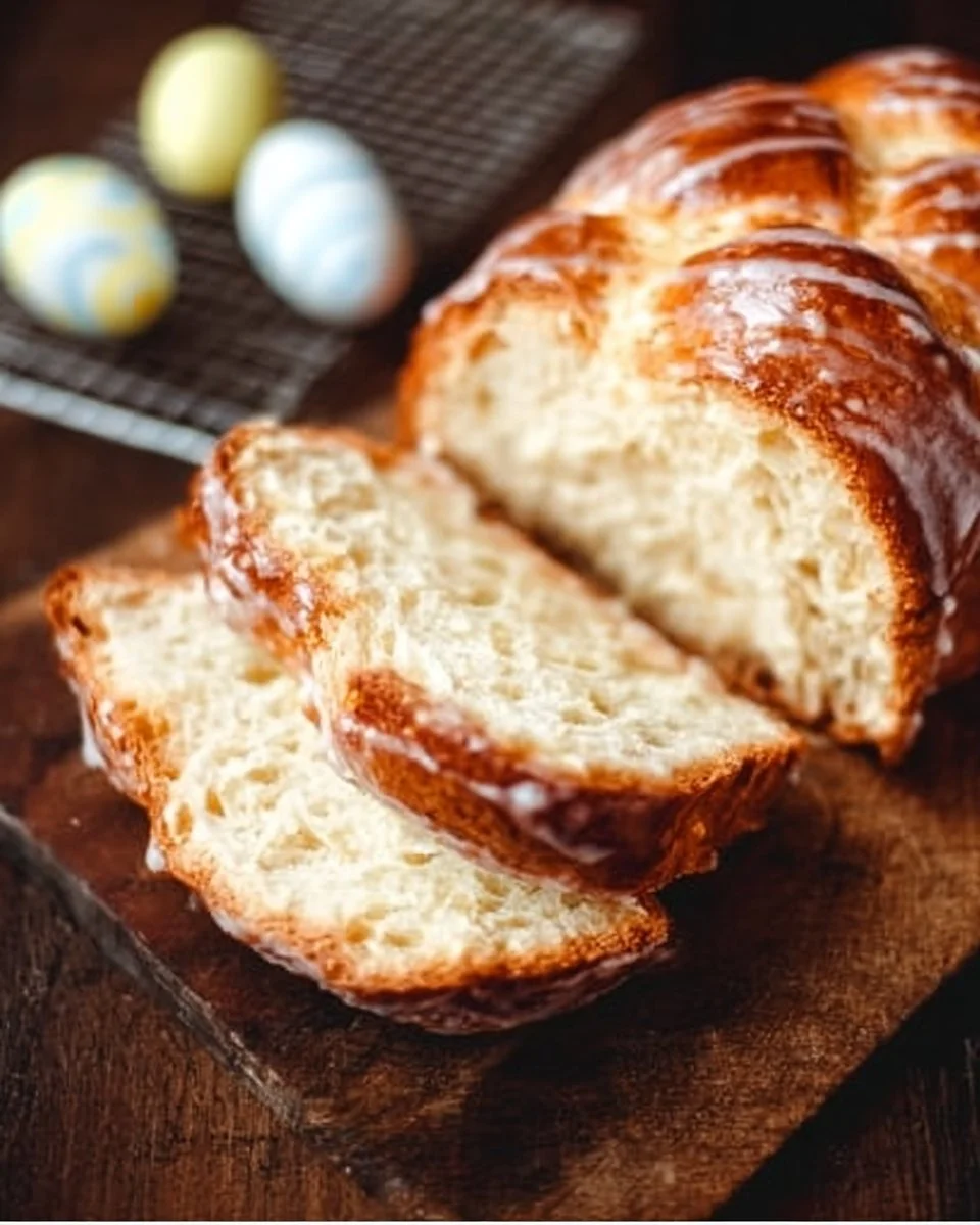 Homemade glazed Easter bread fresh out of the oven