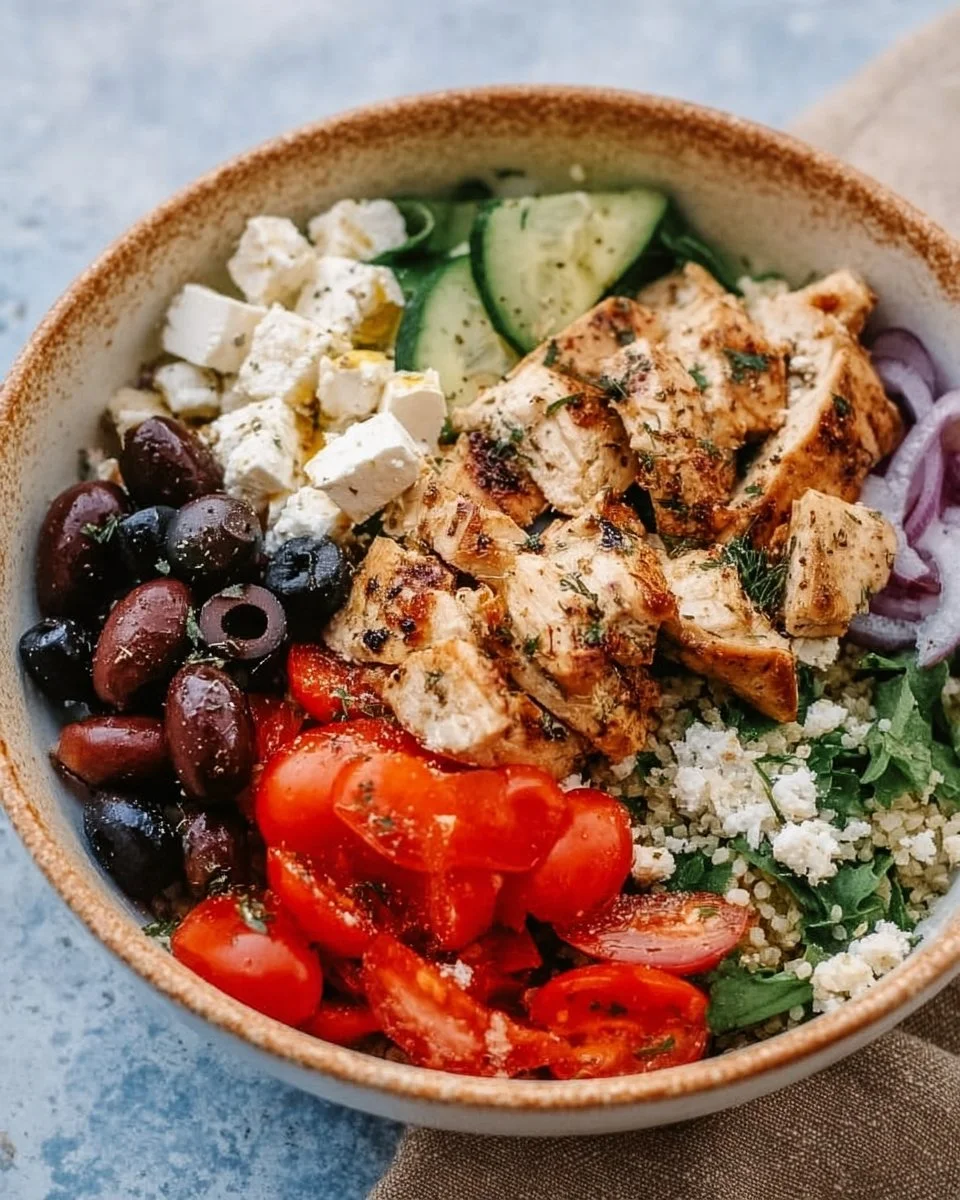 Delicious Greek Chicken Bowl with fresh vegetables and herbs