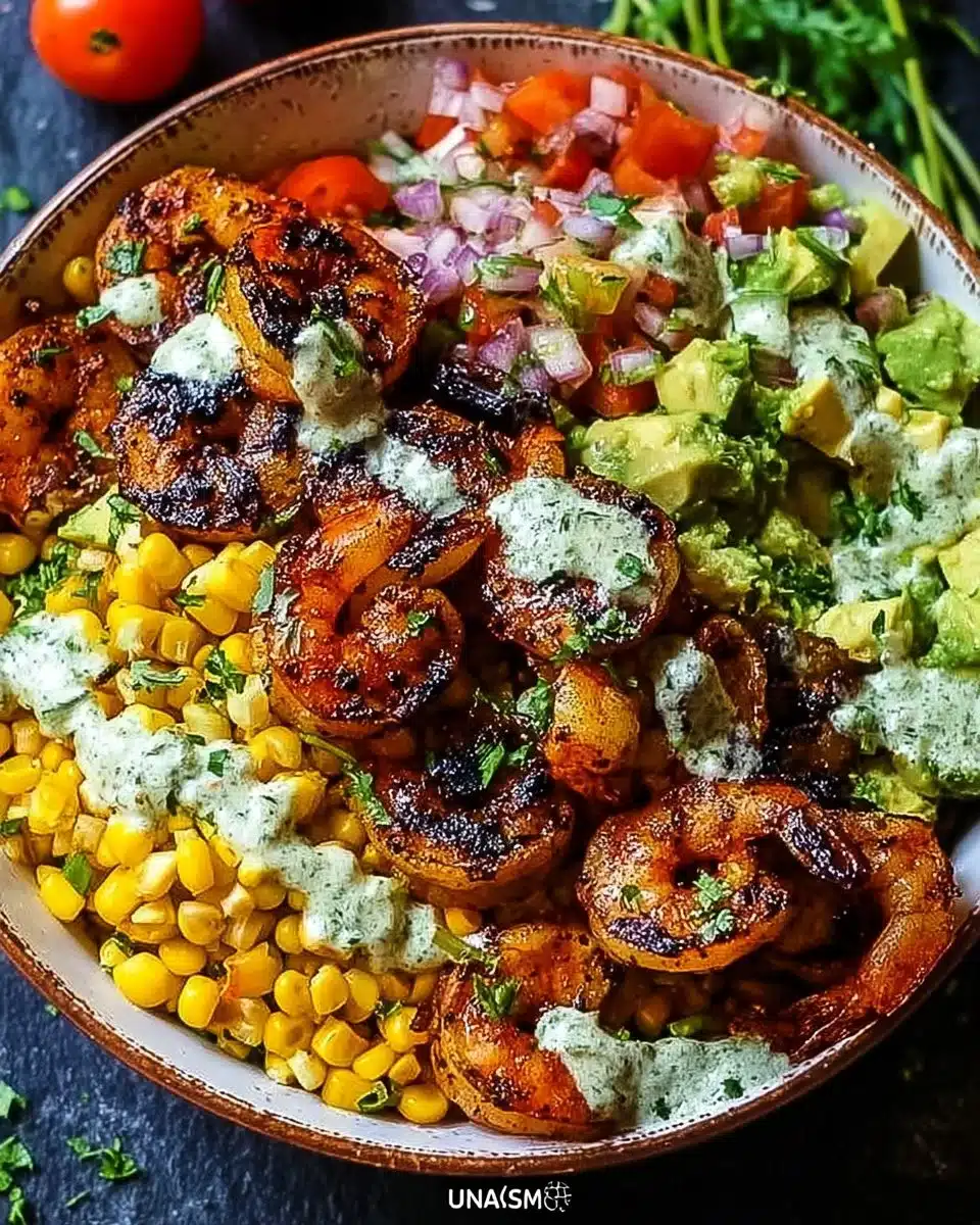 Grilled shrimp bowl with avocado, corn salsa, and creamy garlic sauce