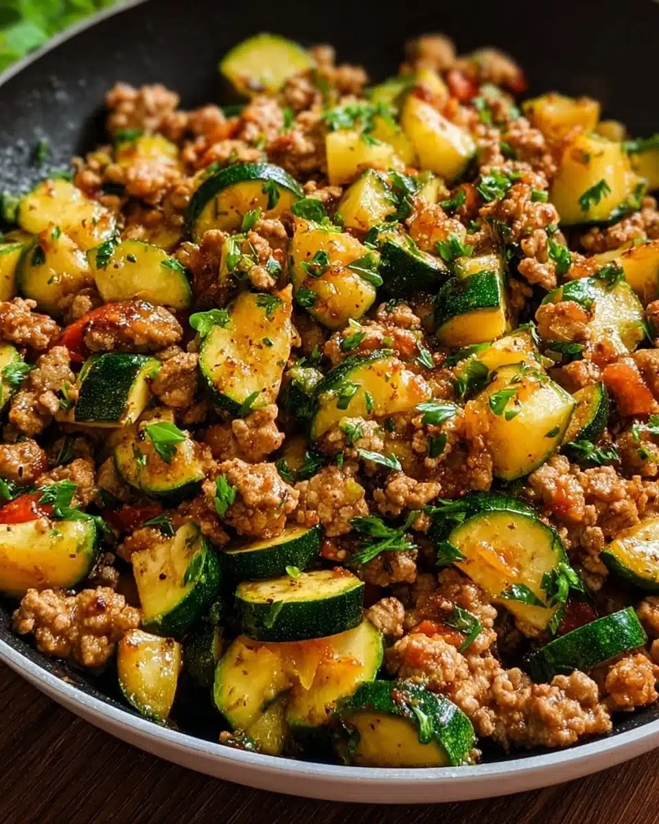 Ground Turkey and Zucchini Skillet in a pan garnished with herbs