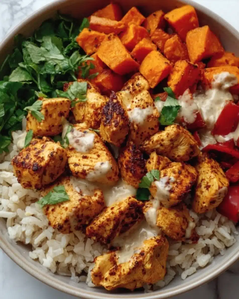 Healthy chicken and sweet potato rice bowl topped with fresh vegetables