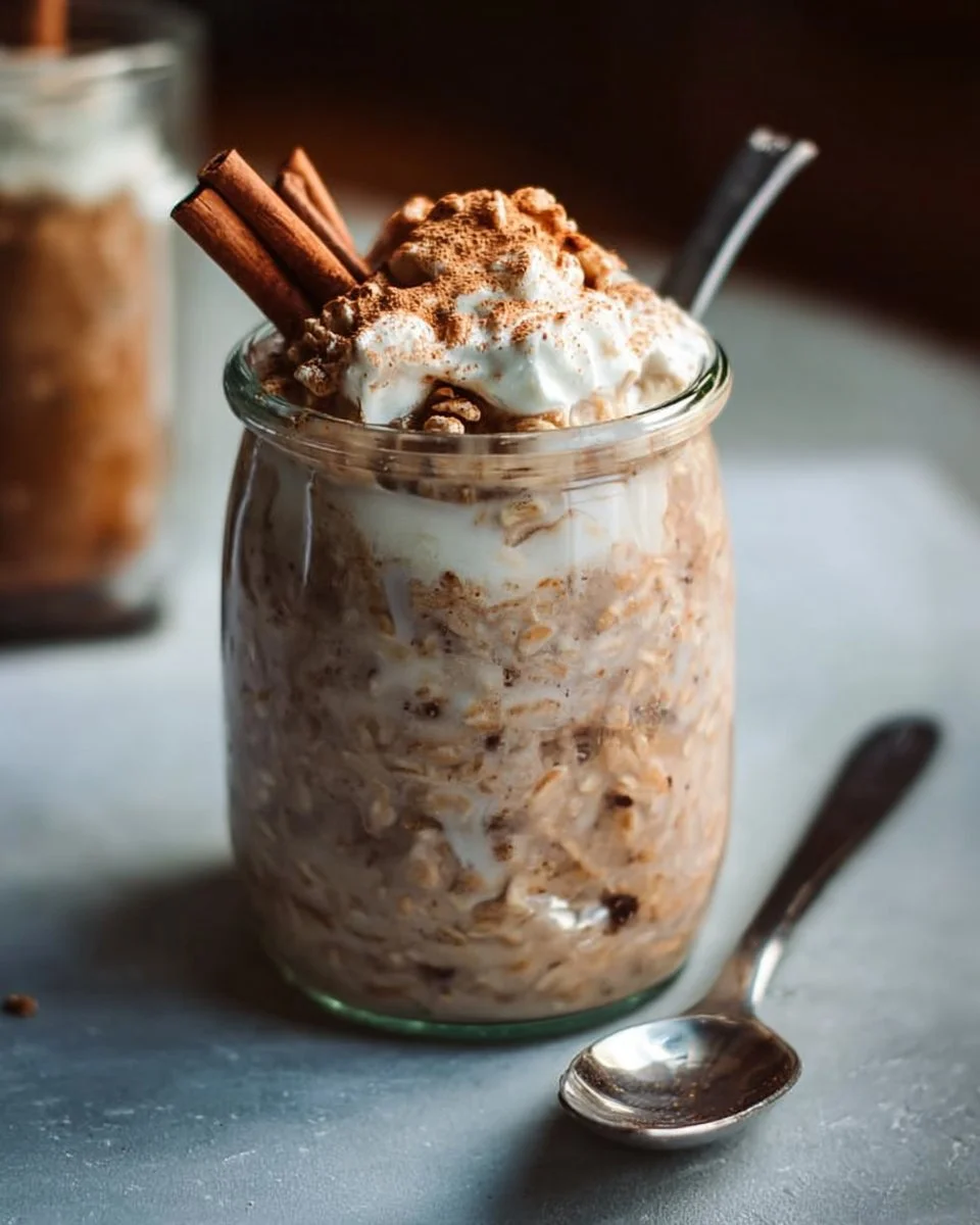 Healthy cinnamon roll overnight oats in a bowl topped with cinnamon and nuts.