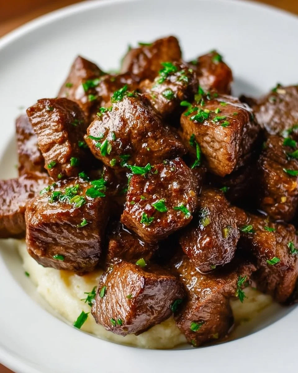 Healthy crock pot garlic butter steak bites served with herbs and spices.