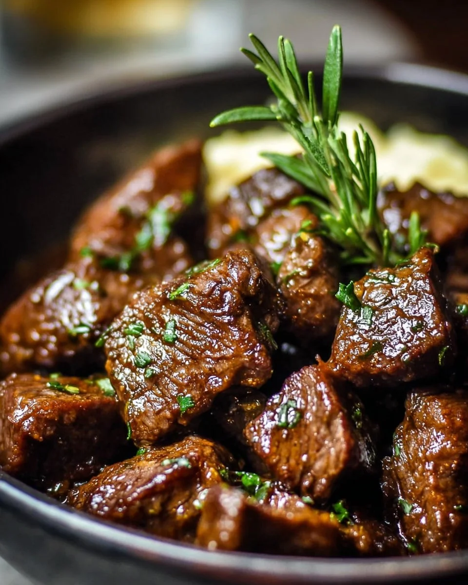 Healthy Crock Pot garlic butter steak bites served on a plate