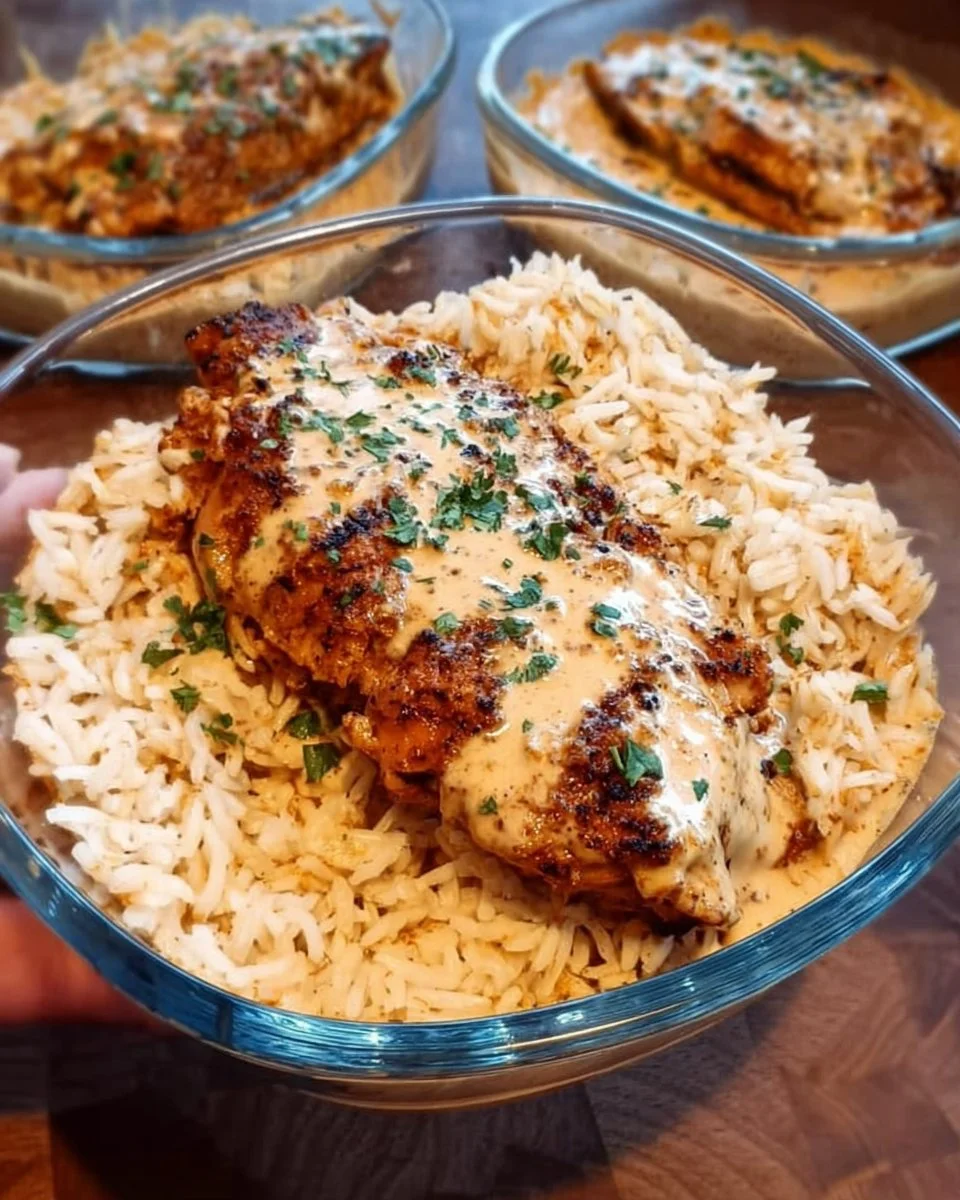 High protein creamy Cajun chicken served with rice