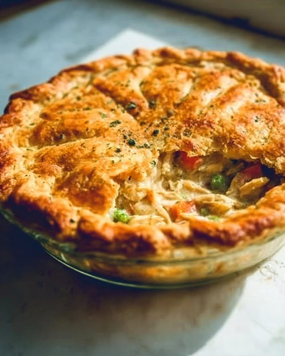 Delicious homemade chicken pot pie with vegetables and flaky crust