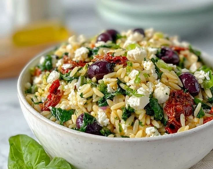 Delicious homemade orzo pasta salad with feta and sun-dried tomatoes
