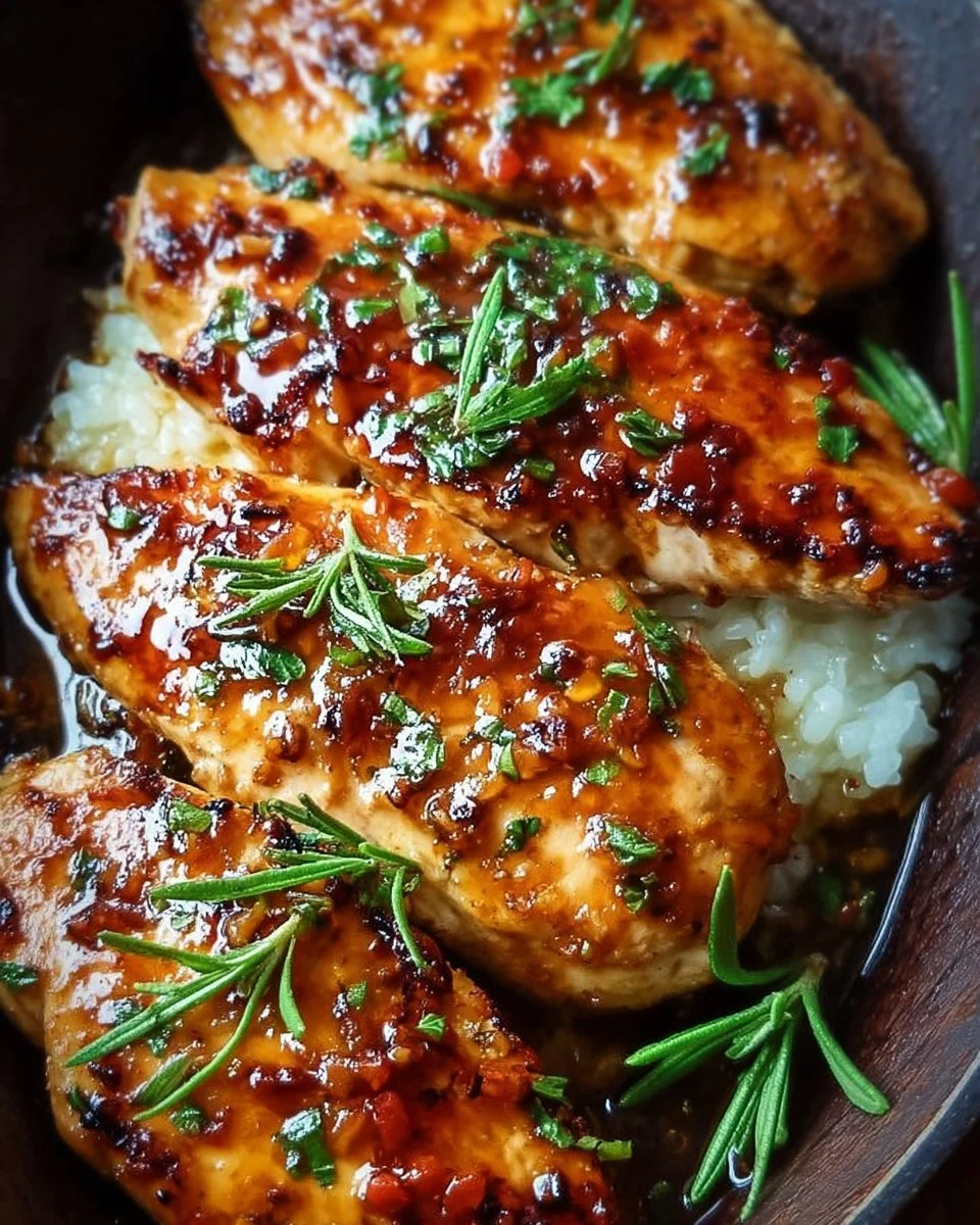 Delicious Honey Garlic Chicken Breasts served on a plate with herbs.
